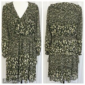Dex Olive Green Multi Print Ruffle V-Neck Smocked Long Sleeve Tiered Dress